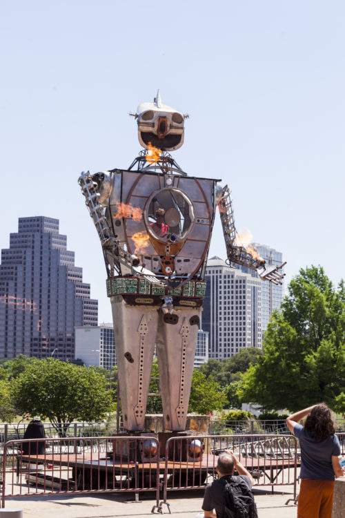 AUSTIN, TEXAS - MAY 7, 2016:  Robot Resurrection throwing flames at the 2016 Maker Faire in Austin, Texas.